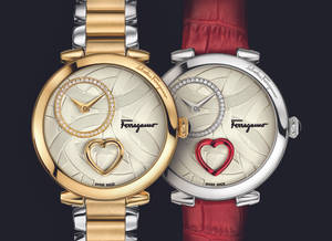 兩款 Ferragamo 手錶，帶有心形圖案和鑽石細節。 — 薩瓦托雷·菲拉格慕 壁紙