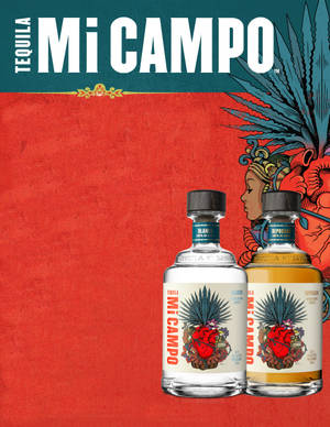 兩瓶Mi Campo龍舌蘭酒，帶有彩色標籤，置於帶有阿茲特克藝術的紅色背景前。 — 2 壁紙