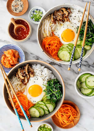 兩碗韓國石鍋拌飯，配有雞蛋、蔬菜和小菜，置於大理石上。 — 蔬菜 壁紙