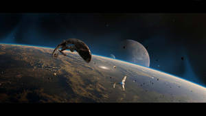 兩艘太空船在深空中飛越行星和月球附近的小行星帶。 — 太空船 壁紙