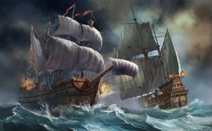 兩艘歷史戰艦在波濤洶湧的大海和暴風雲中進行海戰。 — 幽靈船 壁紙