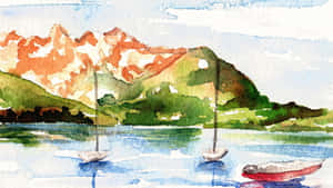 湖上的帆船和皮划艇，以山脈為背景 — 山脈 壁紙