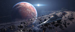星際戰機在明亮恆星下，於紅色行星附近的小行星帶飛行