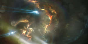 兩艘太空船飛過色彩繽紛的星雲，留下發光的軌跡。 — 宇宙 壁紙