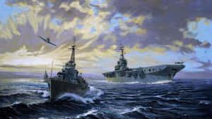 兩艘海軍軍艦在波濤洶湧的海上航行，一架戰鬥機從上空飛過。