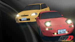 兩輛動漫車在夜間行駛，車頭燈明亮。 — 頭文字D 壁紙