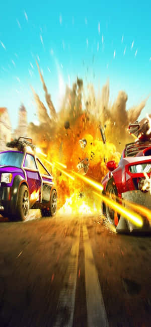 兩輛賽車在街道上發生猛烈爆炸碰撞。 — iPhone 17e 壁紙
