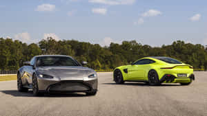 兩輛Aston Martin Vantage跑車停在賽道上，背景有樹木和藍天。 — 奧斯頓馬丁 壁紙