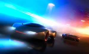 兩輛未來主義汽車在霓虹燈下在潮濕的賽道上夜間競速。 — 跑車 壁紙