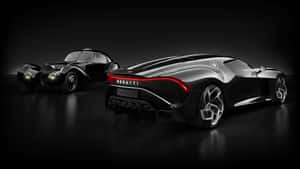 兩輛黑色Bugatti超級跑車在帶有反射地板和戲劇性燈光的昏暗工作室中展示。 — 布加迪 GIF 壁紙
