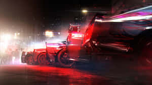 兩輛賽車在夜晚的城市街道上飄移，帶有紅色光軌。 — 街頭 壁紙