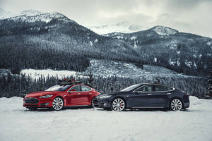 兩輛Tesla汽車停放在白雪覆蓋的山脈和常綠森林中。 — 特斯拉 壁紙