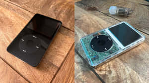 兩部iPod，一黑一透明，在木上露出電路，附近有玻璃管。 — 音樂 壁紙