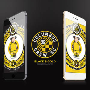 兩部手機顯示哥倫布機員SC黑色和金色足球桌布，帶有卡通球員。 — 運動 壁紙