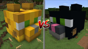 兩間Minecraft貓屋並排在草地上，中間有vs圖案。 — 我的世界苦力怕 壁紙