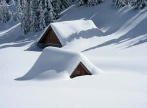 兩間被雪覆蓋的小屋坐落在冬季森林中。 — 寒冷 壁紙