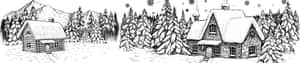 兩間質樸的小屋在雪覆蓋的森林中，背景有山脈。 — 向日葵花田 壁紙