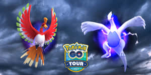 Ho-Oh 和 Lugia 在暴風雨的天空中飛翔，帶有 Pokémon GO Tour 2022 標誌。 — 動漫 壁紙