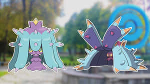 公園中有兩隻尖刺的藍色和紫色寶可夢角色。 — 電玩遊戲 GIF 壁紙