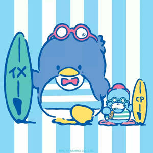 兩隻藍色卡通企鵝拿著衝浪板吃冰淇淋。 — 燕尾服山姆 壁紙