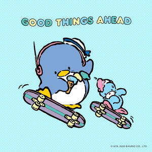 兩隻企鵝踩滑板吃冰淇淋，上面有「GOOD THINGS AHEAD」字樣。 — 燕尾服山姆 壁紙