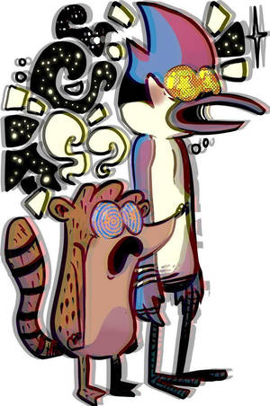 兩隻卡通動物戴著旋轉的迷幻眼鏡，散發混亂的能量。