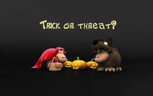 兩隻卡通動物穿著萬聖節服裝，與南瓜和文字Trick or Threat? — 卡通萬聖節 壁紙