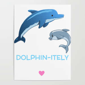 兩隻卡通海豚與文字 dolphin itely 和粉紅心形一起跳躍。 — 海豚 GIF 壁紙