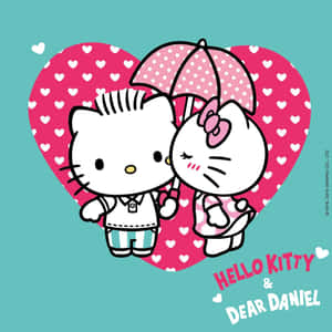 Hello Kitty 和 Dear Daniel 在愛心下撐著雨傘。 — iPad Air 11 壁紙