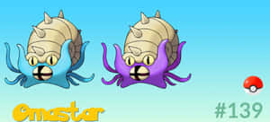 兩隻 Omastar 寶可夢，帶有藍色和紫色的觸手和螺旋殼，漂浮在漸變藍色的天空中。 — 寶可夢 壁紙