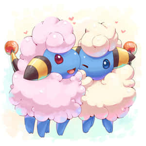 兩隻毛茸茸的Pokémon依偎在一起，心形圖案在周圍漂浮。 — 可愛的馬 壁紙