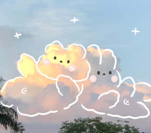 兩隻卡通小熊臉頰紅潤，在粉彩天空下的蓬鬆雲層中。 — 雲朵 GIF 壁紙
