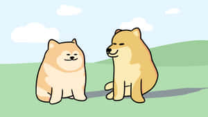 兩隻微笑的卡通柴犬坐在綠色草地上，天空藍色有雲。 — 卡通狗 壁紙