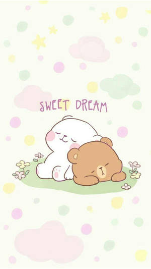 兩隻卡通熊在粉彩雲朵和星星下睡覺，帶有sweet dream文字。 — 可愛熊 壁紙
