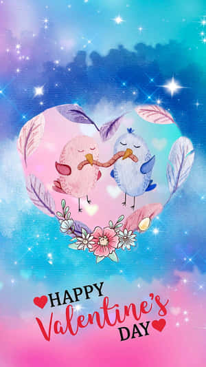 兩隻小鳥在花心中分享一條蟲子，帶有「Happy Valentine's Day」文字。