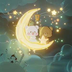 月亮上的兩隻熊和一隻貓，有星星和燈籠 — 可愛熊 壁紙