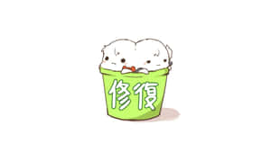 兩隻白色毛茸茸的動漫角色從一個帶有中文字的綠色桶上方探出頭來。 — 花朵 壁紙