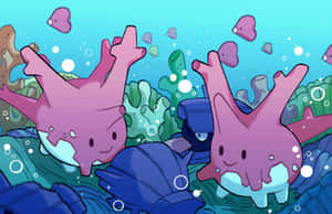 兩隻粉紅色卡通海洋生物在水下微笑，伴隨著珊瑚和泡泡。 — 寶可夢 壁紙