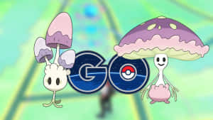 Pokémon GO標誌旁邊的兩隻蘑菇寶可夢角色。 — 寶可夢 高畫質 壁紙