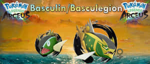 Basculegion 和 Basculin 在 Pokémon Legends Arceus 中於夕陽下從海浪中躍起。 — 電玩遊戲 GIF 壁紙