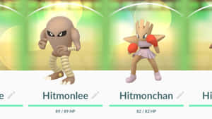兩隻寶可夢角色 Hitmonlee 和 Hitmonchan 擺出戰鬥姿勢，並顯示健康狀態。 — 電玩遊戲 GIF 壁紙