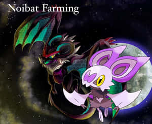 兩隻寶可夢 Noibat 和 Noivern 在繁星點點的夜空中飛翔，伴隨著一輪發光的月亮。 — 電玩遊戲 GIF 壁紙