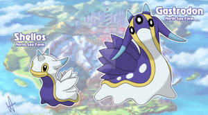兩隻名為 Shello 和 Gastrodon 的動漫風格海洋生物漂浮在卡通島嶼上方。 — 動漫 壁紙