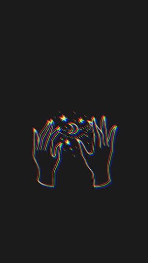 兩隻發光的手在黑色背景上，以彩虹輪廓托著星星和月亮。 — 低對比 壁紙