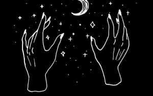 兩隻手以極簡線條藝術風格伸向新月和星星。 — 女巫 壁紙