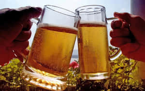 日落時分，兩隻手在戶外碰啤酒杯。 — 歡樂時光 壁紙