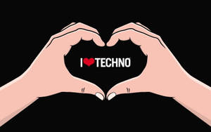 兩隻手形成一個心形，裡面有文字「I ❤️ TECHNO」。 — 玩家 壁紙