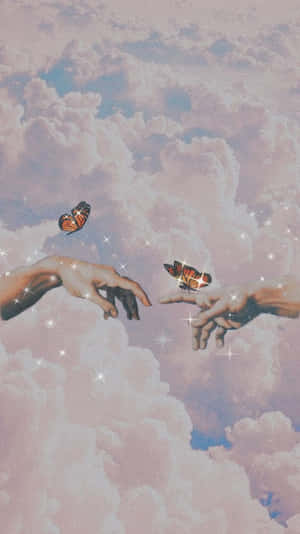兩隻手在粉紅色的天空中互相伸向對方，伴隨著蝴蝶和閃光。 — 天使 GIF 壁紙