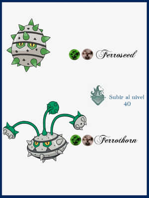 Ferroseed 和 Ferrothorn 寶可夢進化插圖，帶有西班牙語的升級文字。 — 高清 壁紙