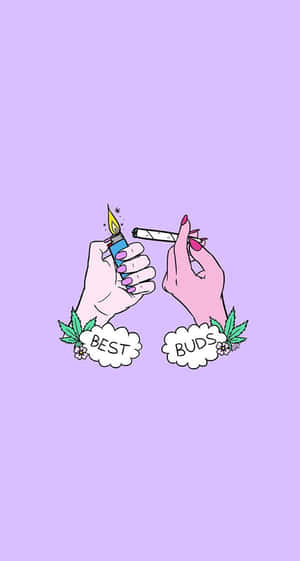 兩隻卡通手點燃一支大麻煙，伴有「BEST BUDS」雲和 Cannabis 葉。 — Valorant 壁紙